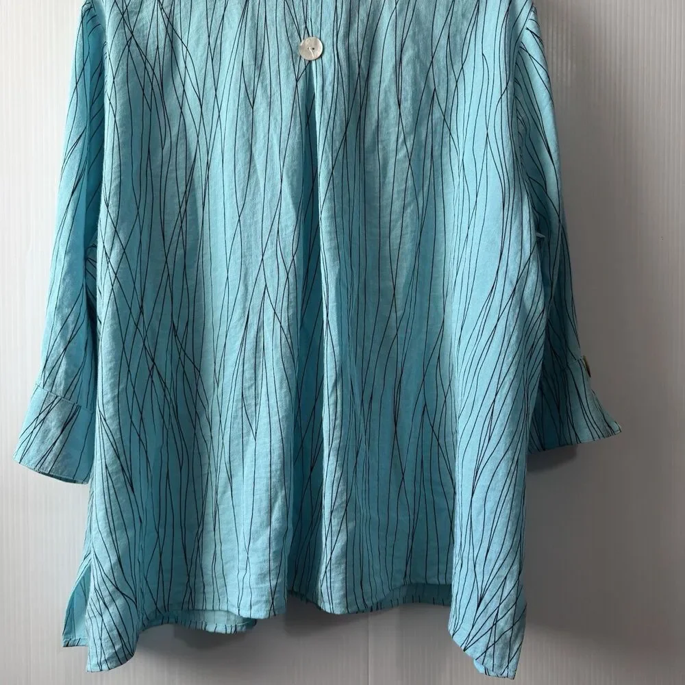 Ali Miles PXL Women’s Turquoise Abstract Stripe Button Front 3/4 Sleeve Blouse